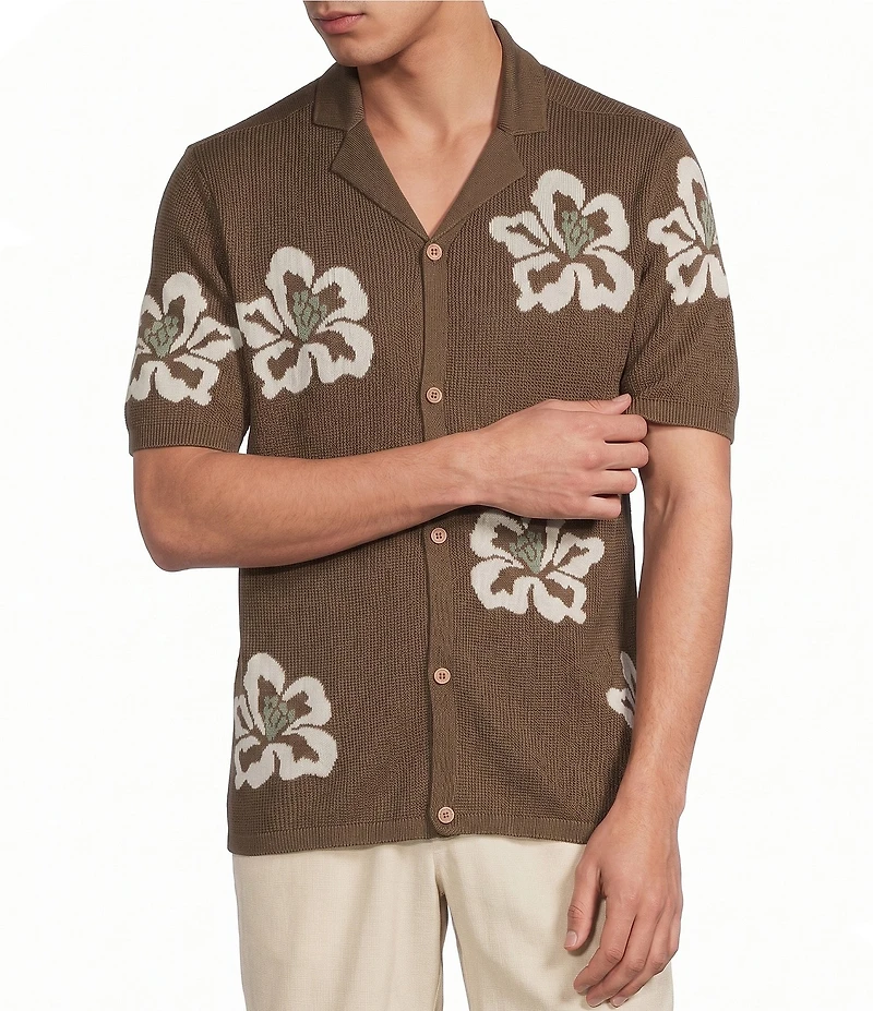 Rowm Short Sleeve Jacquard Button Front Sweater Knit Shirt