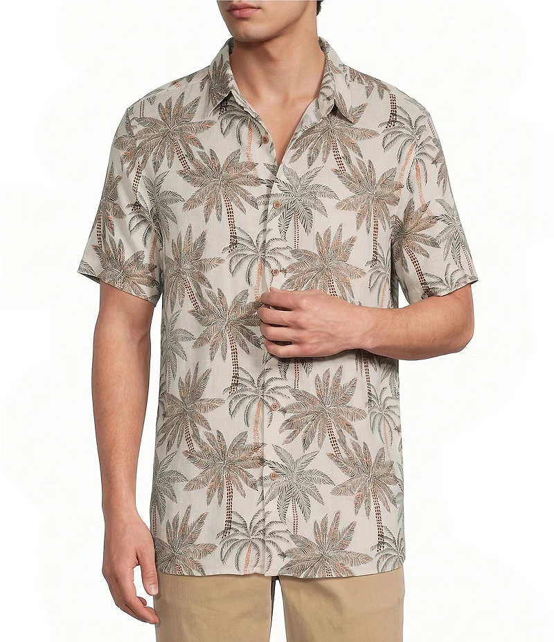 Rowm Short Sleeve Multi Palm Print Point Collar Button Front Shirt