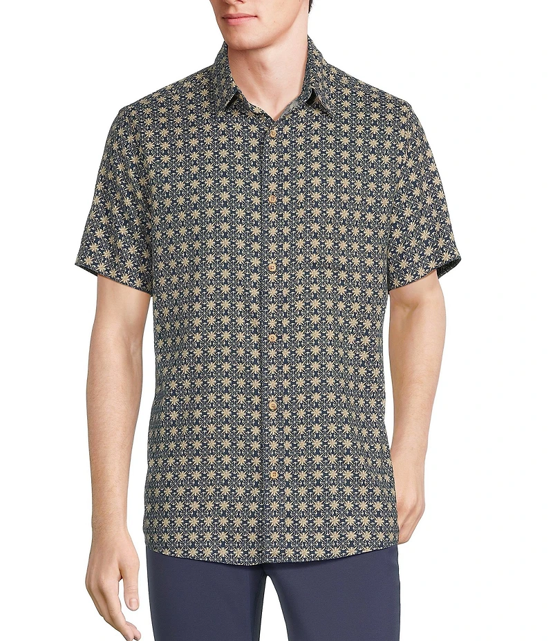Rowm Short Sleeve Outsider Geo Floral Print Button Front Shirt
