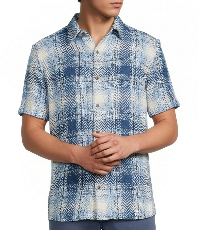 Rowm Short Sleeve Plaid Herringbone Button Front Shirt