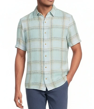 Rowm Short Sleeve Plaid Herringbone Button Front Shirt