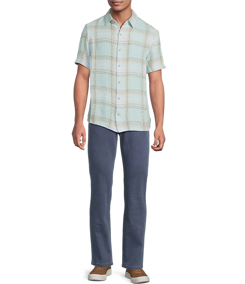 Rowm Short Sleeve Plaid Herringbone Button Front Shirt