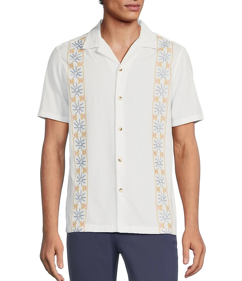 Rowm Short Sleeve Seersucker Embroidery Stripe Camp Shirt