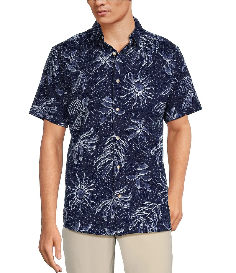 Rowm Short Sleeve Seersucker Sun Batik Print Shirt