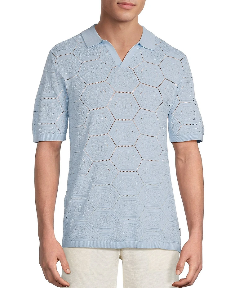 Rowm Short Sleeve Solid Jacquard Johnny Collar Knit Shirt