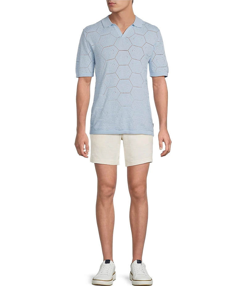 Rowm Short Sleeve Solid Jacquard Johnny Collar Knit Shirt