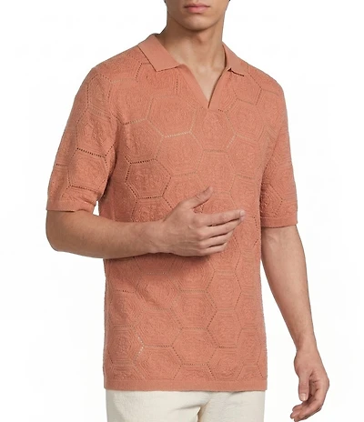 Rowm Short Sleeve Solid Jacquard Johnny Collar Knit Shirt