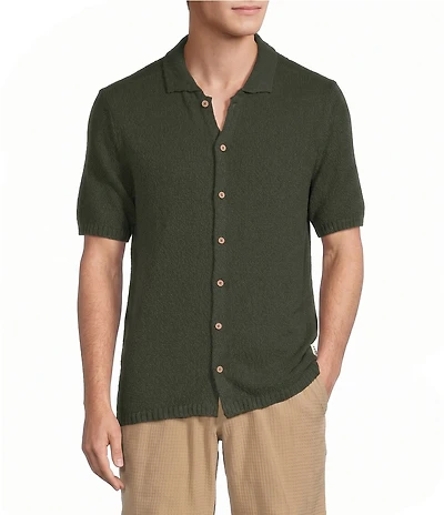 Rowm Short Sleeve Solid Slub Button Front Sweater Knit Shirt
