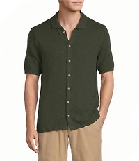 Rowm Short Sleeve Solid Slub Button Front Sweater Knit Shirt