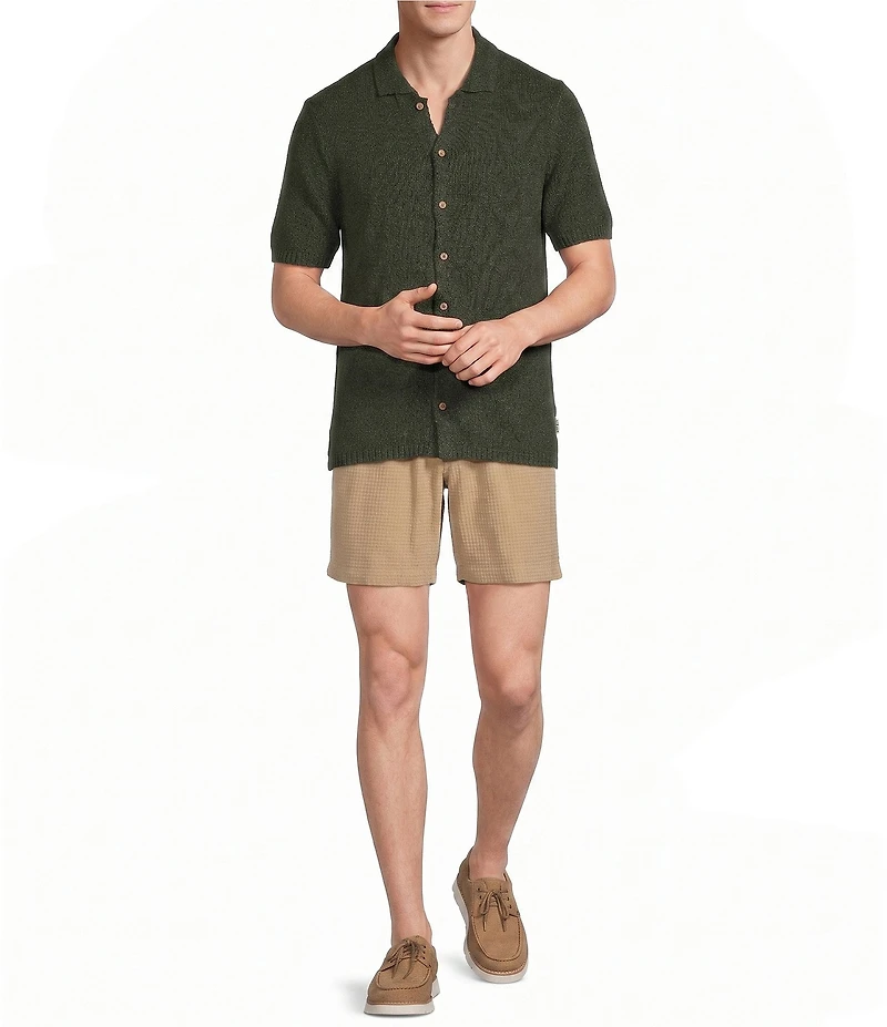 Rowm Short Sleeve Solid Slub Button Front Sweater Knit Shirt