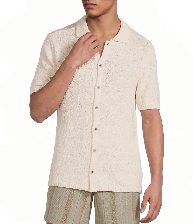 Rowm Short Sleeve Solid Slub Button Front Sweater Knit Shirt