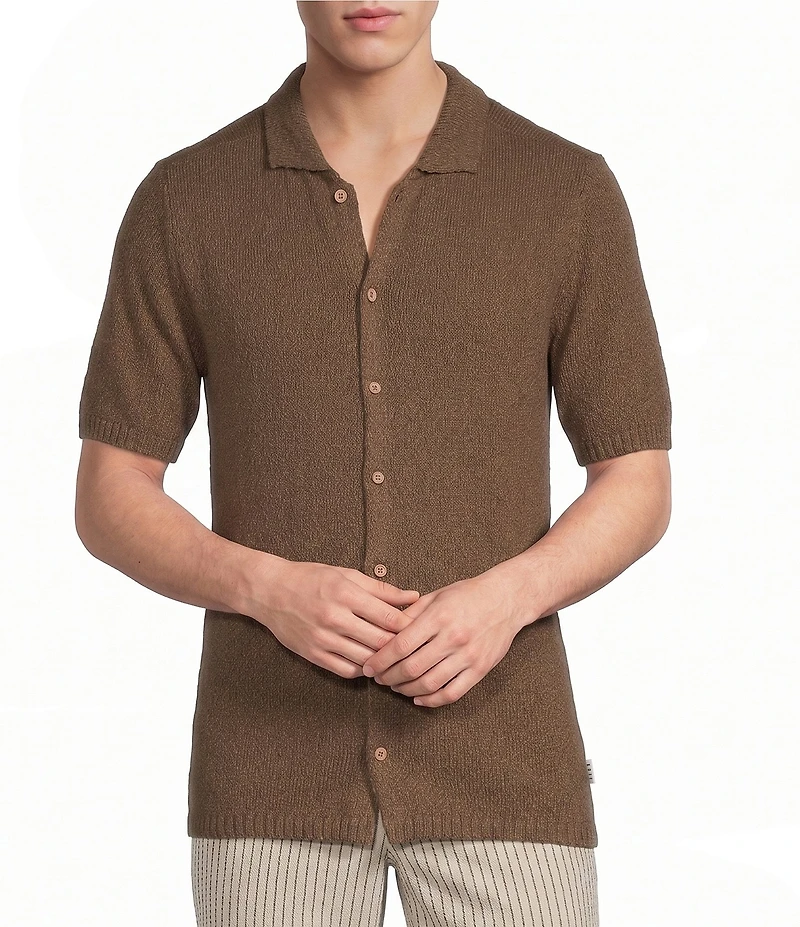Rowm Short Sleeve Solid Slub Button Front Sweater Knit Shirt