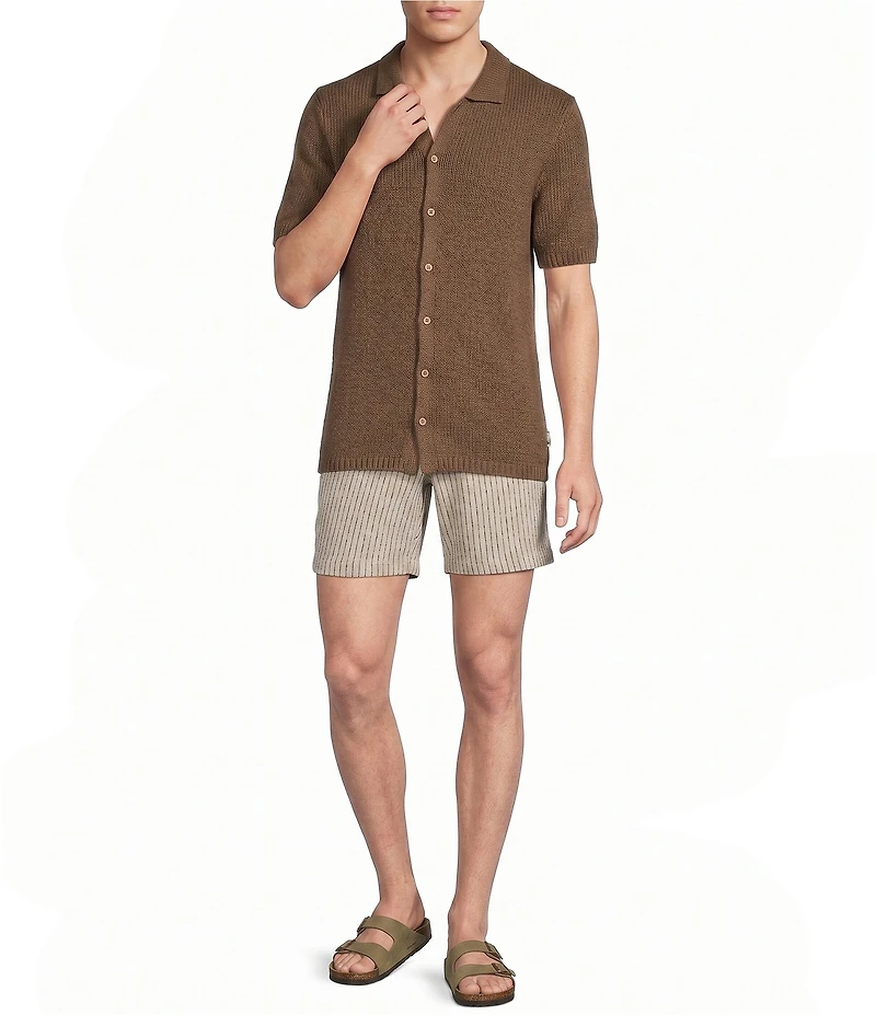 Rowm Short Sleeve Solid Slub Button Front Sweater Knit Shirt