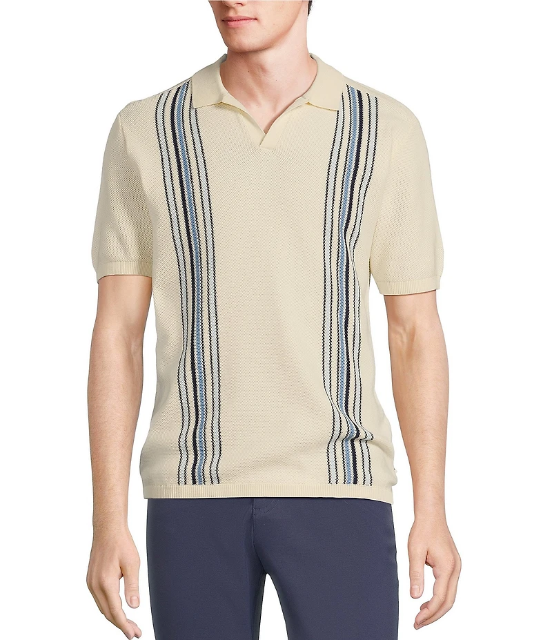 Rowm Short Sleeve Striped Johnny Collar Knit Sweater Shirt