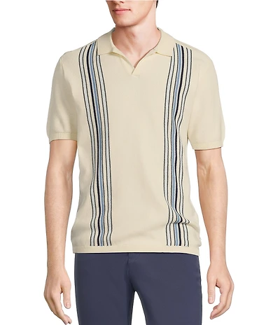 Rowm Short Sleeve Striped Johnny Collar Knit Sweater Shirt