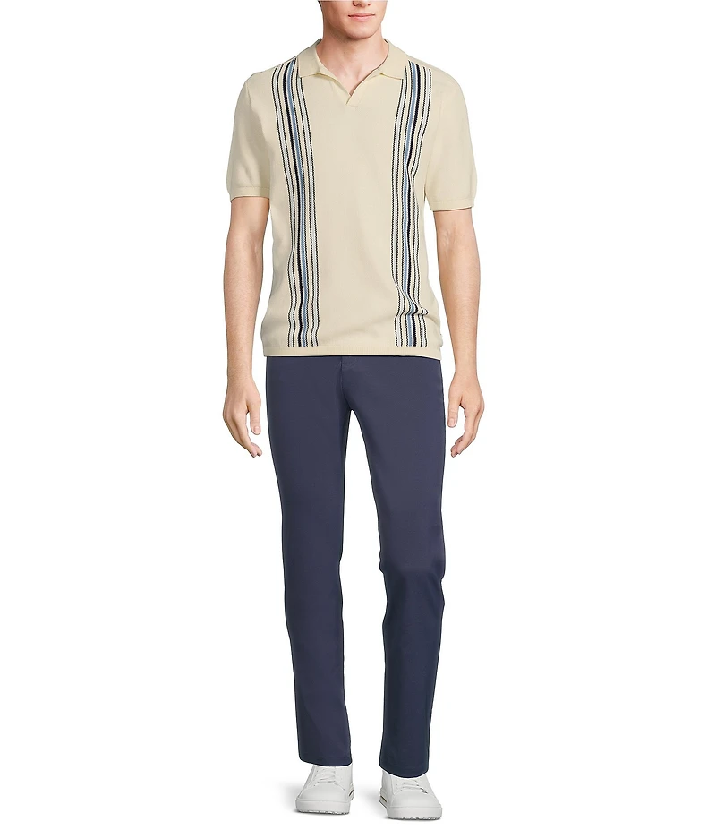 Rowm Short Sleeve Striped Johnny Collar Knit Sweater Shirt