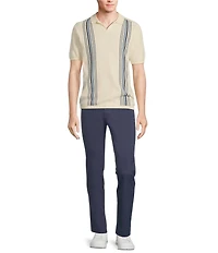 Rowm Short Sleeve Striped Johnny Collar Knit Sweater Shirt