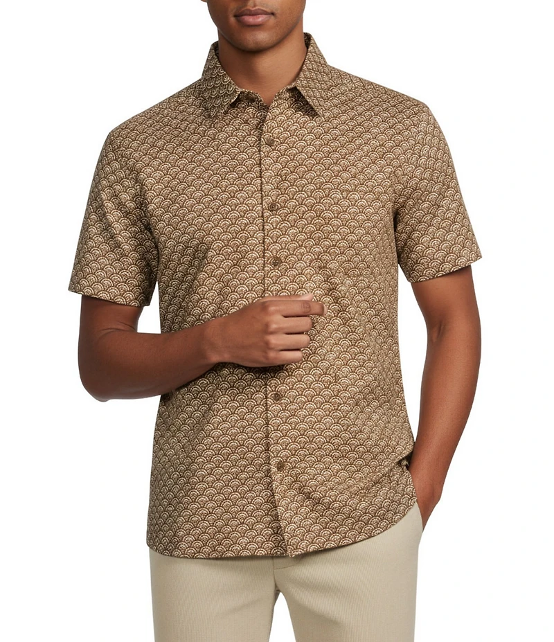 Rowm Short Sleeve Textured Floral Fan Print Shirt