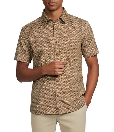 Rowm Short Sleeve Textured Floral Fan Print Shirt