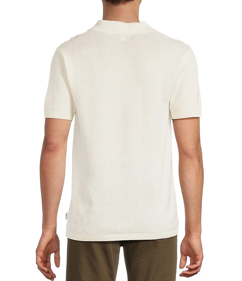 Rowm Short Sleeve Textured Solid Johnny Collar Knit Sweater Shirt