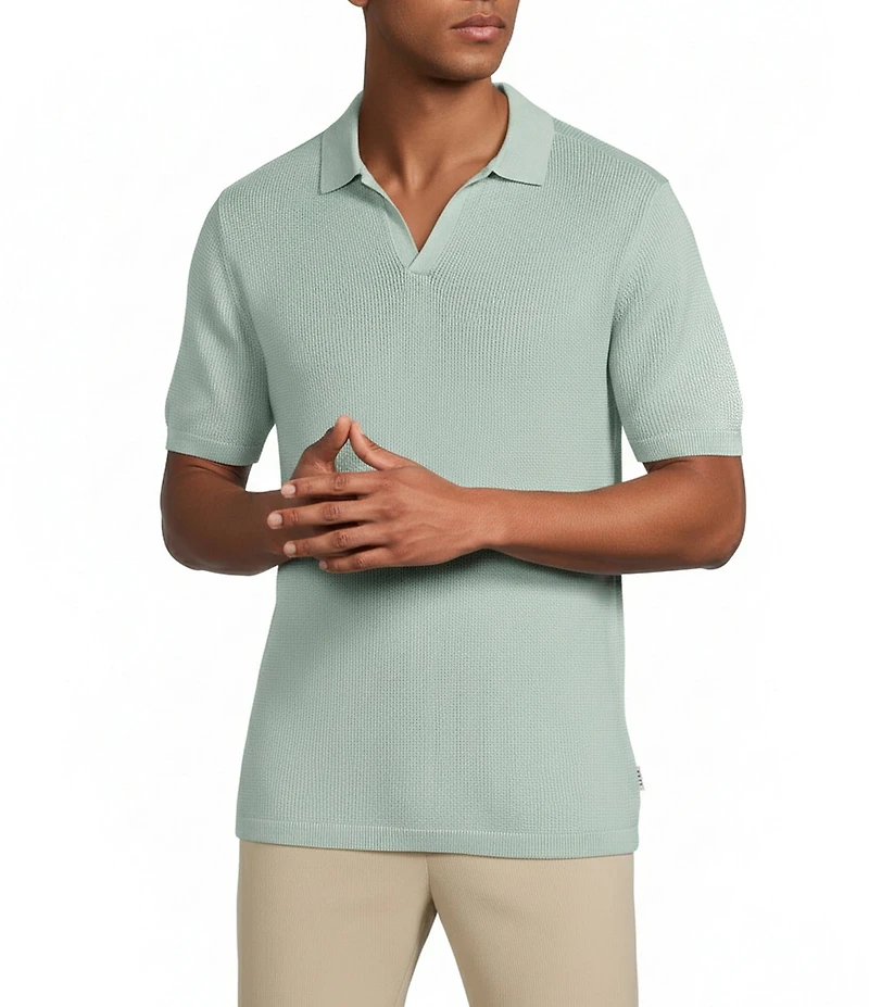 Rowm Short Sleeve Textured Solid Johnny Collar Knit Sweater Shirt