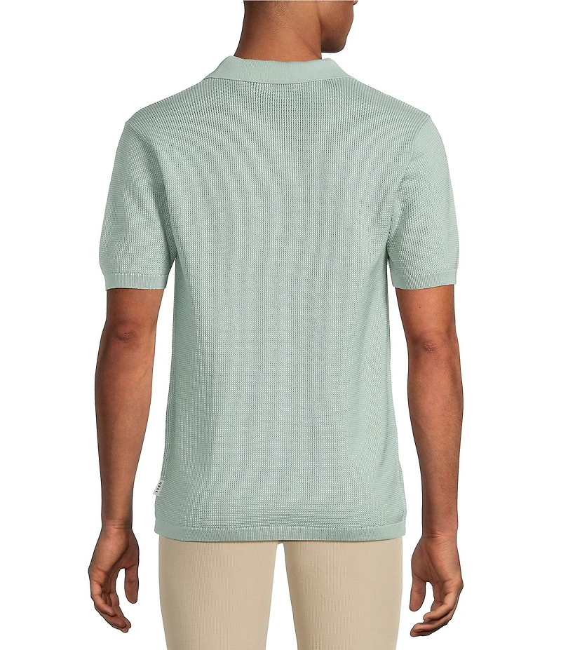 Rowm Short Sleeve Textured Solid Johnny Collar Knit Sweater Shirt