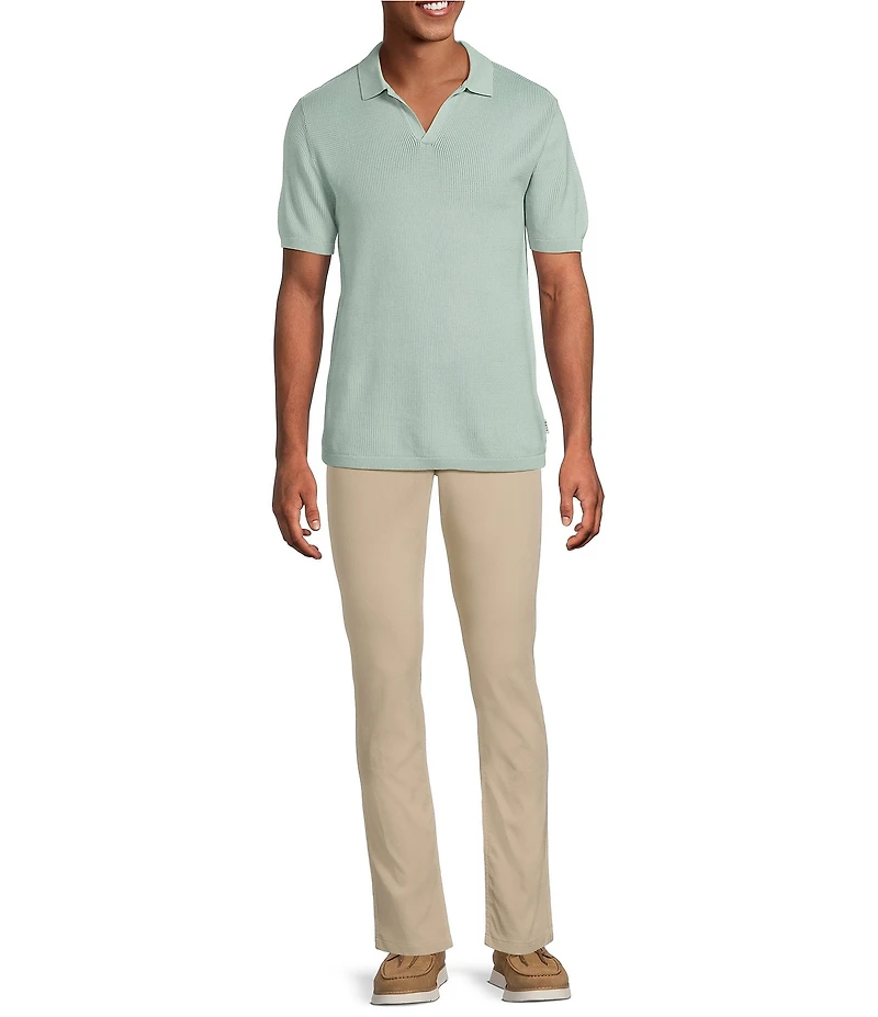 Rowm Short Sleeve Textured Solid Johnny Collar Knit Sweater Shirt