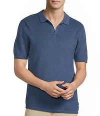 Rowm Short Sleeve Textured Solid Johnny Collar Knit Sweater Shirt