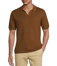 Rowm Short Sleeve Textured Solid Johnny Collar Knit Sweater Shirt