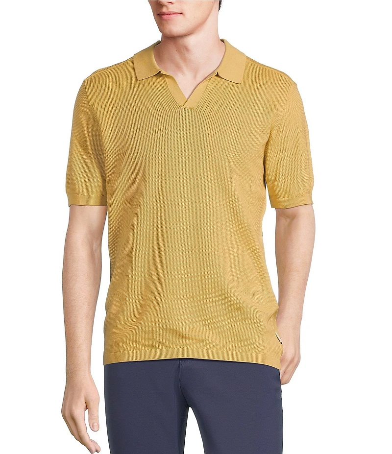 Rowm Short Sleeve Textured Solid Johnny Collar Knit Sweater Shirt