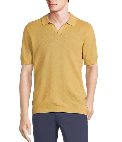 Rowm Short Sleeve Textured Solid Johnny Collar Knit Sweater Shirt