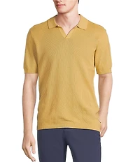 Rowm Short Sleeve Textured Solid Johnny Collar Knit Sweater Shirt