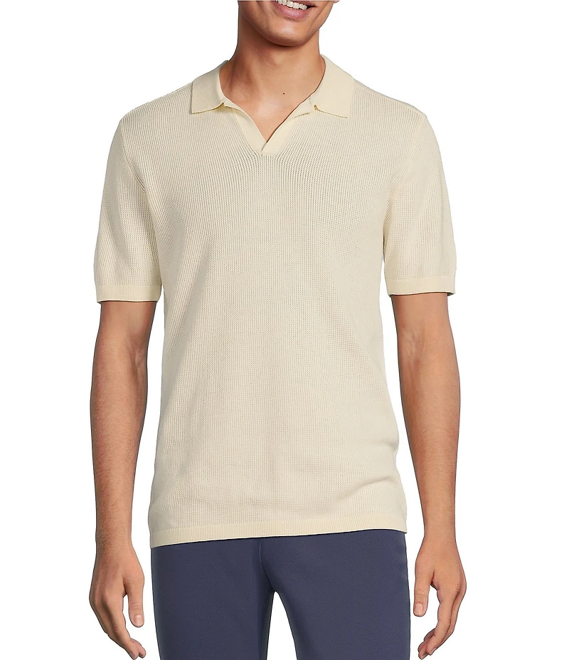 Rowm Short Sleeve Textured Solid Johnny Collar Knit Sweater Shirt