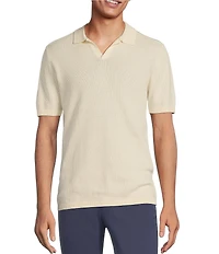 Rowm Short Sleeve Textured Solid Johnny Collar Knit Sweater Shirt