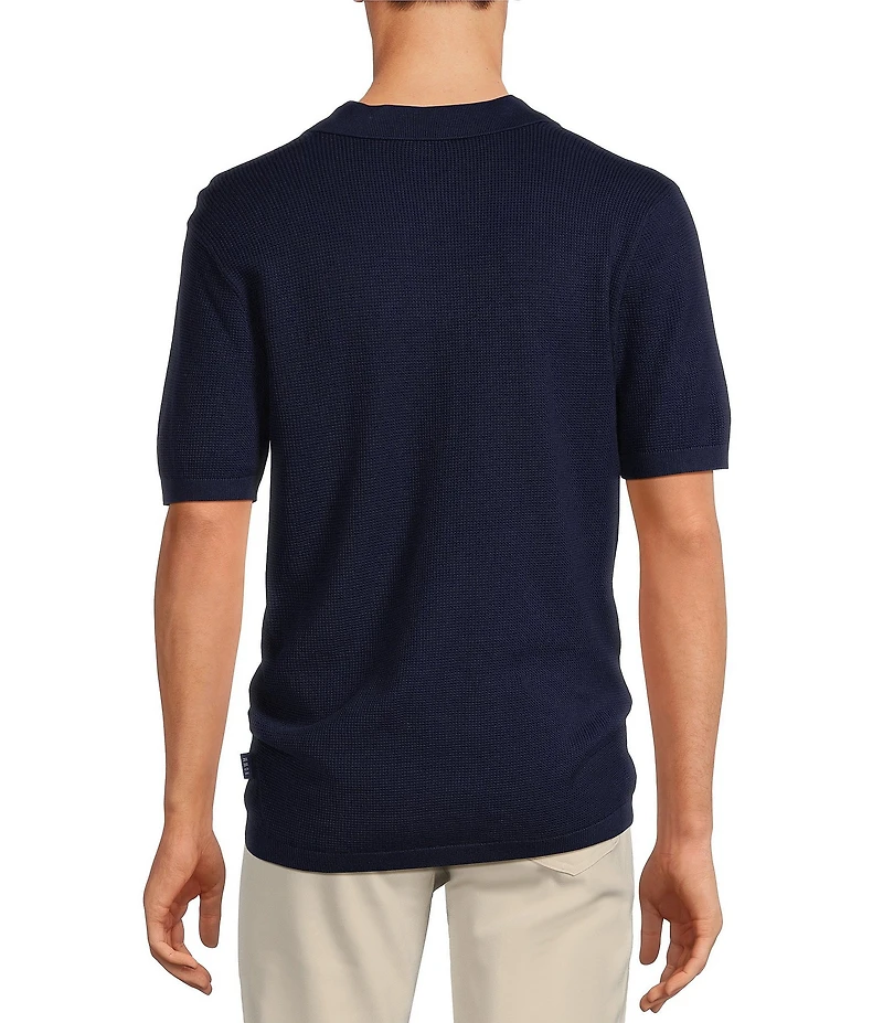 Rowm Short Sleeve Textured Solid Johnny Collar Knit Sweater Shirt