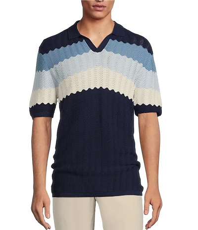 Rowm Short-Sleeve Wave Striped Johnny Collar Knit Polo Sweater Shirt