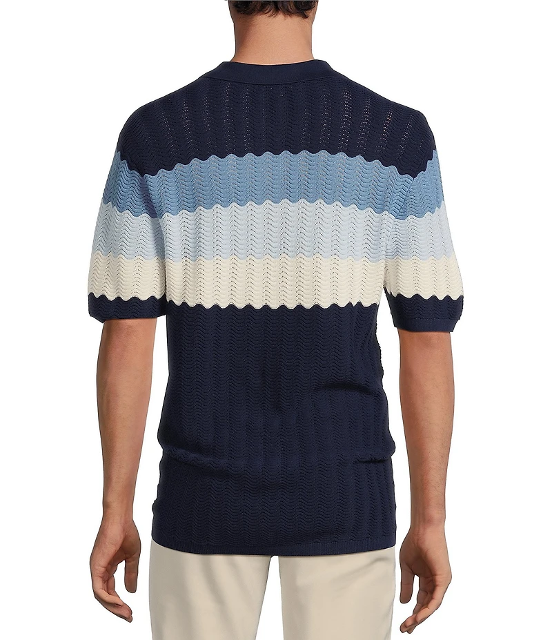 Rowm Short-Sleeve Wave Striped Johnny Collar Knit Polo Sweater Shirt