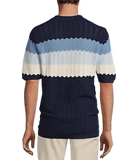 Rowm Short-Sleeve Wave Striped Johnny Collar Knit Polo Sweater Shirt