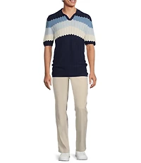 Rowm Short-Sleeve Wave Striped Johnny Collar Knit Polo Sweater Shirt