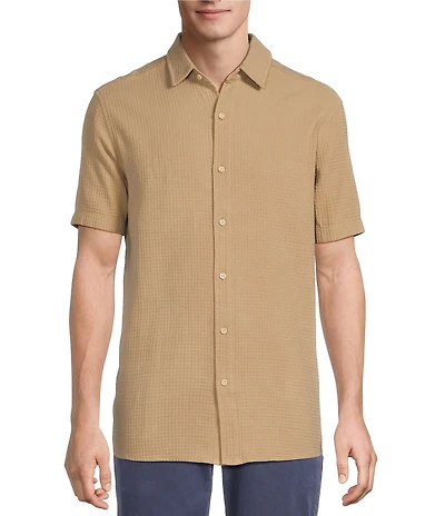 Rowm Solid Texture Short Sleeve Point Collar Button Front Shirt