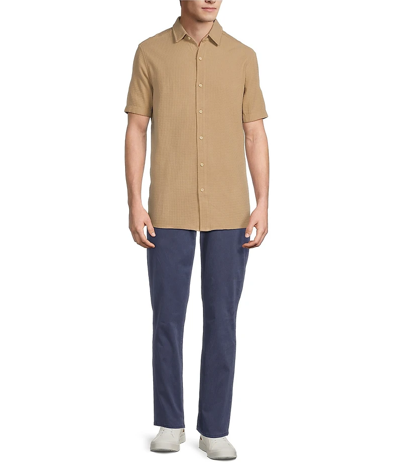 Rowm Solid Texture Short Sleeve Point Collar Button Front Shirt