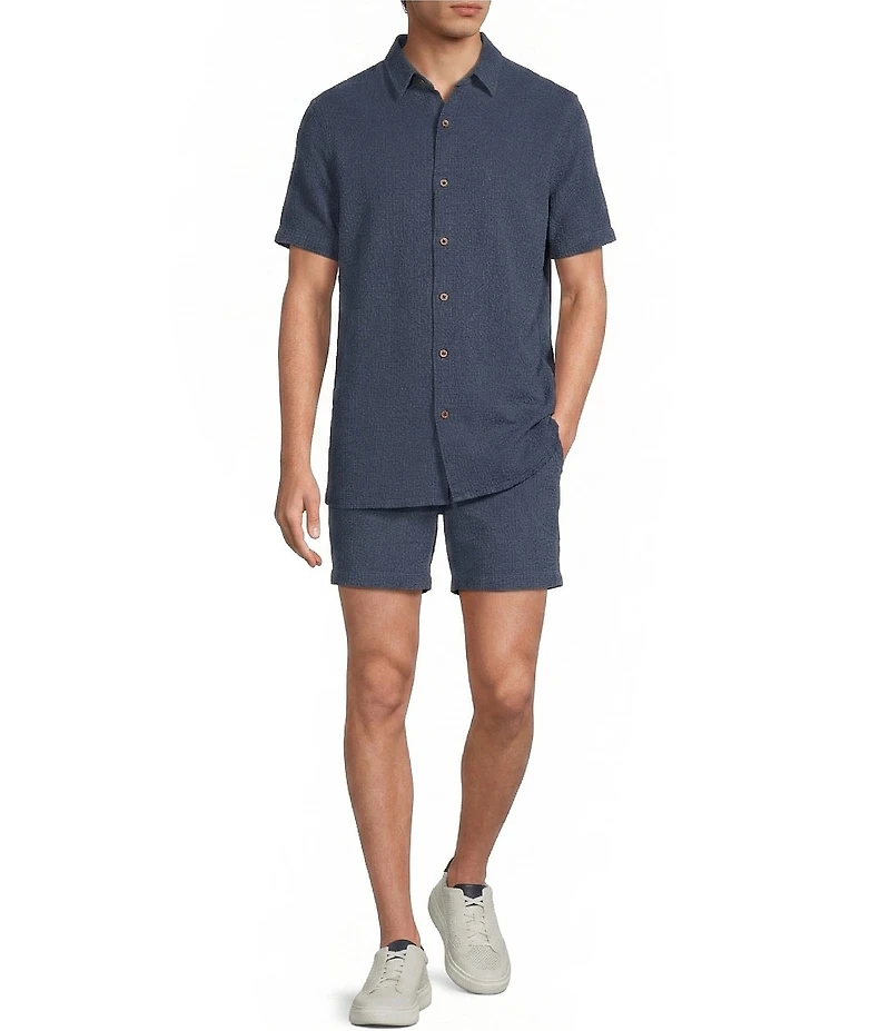 Rowm Solid Texture Short Sleeve Point Collar Button Front Shirt