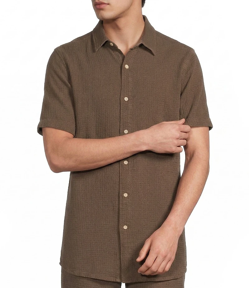 Rowm Solid Texture Short Sleeve Point Collar Button Front Shirt