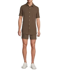 Rowm Solid Texture Short Sleeve Point Collar Button Front Shirt