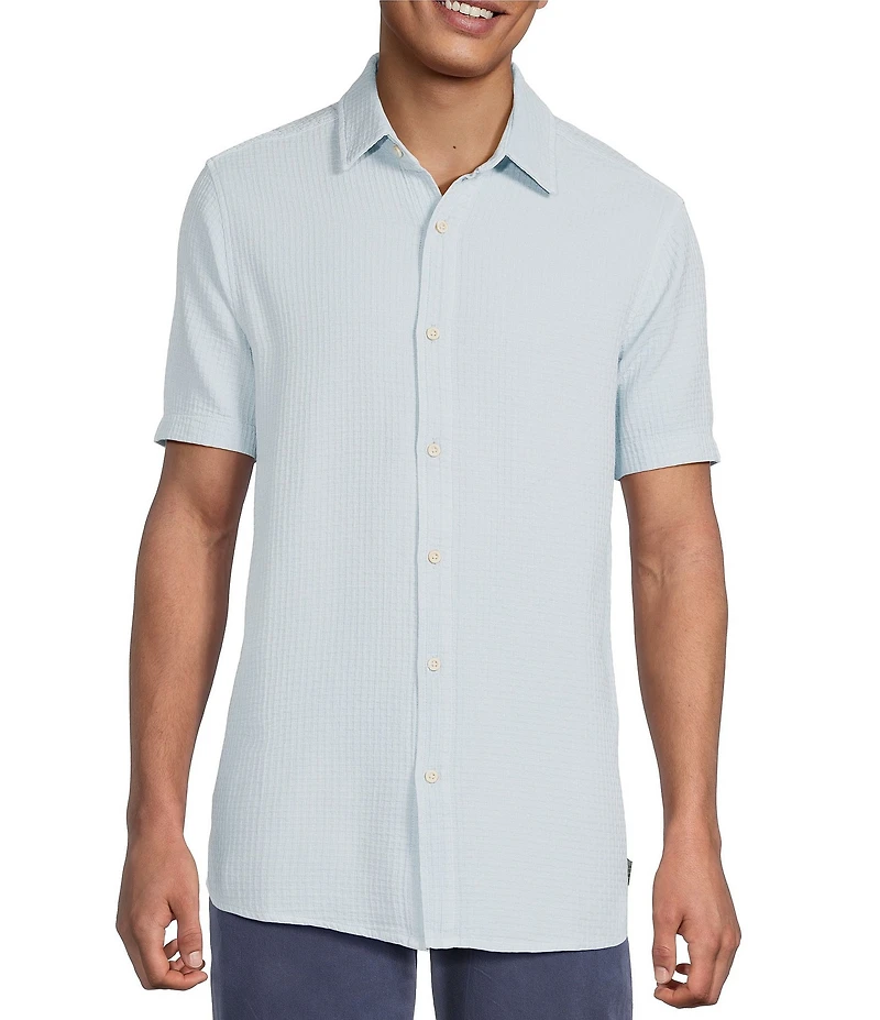 Rowm Solid Texture Short Sleeve Point Collar Button Front Shirt