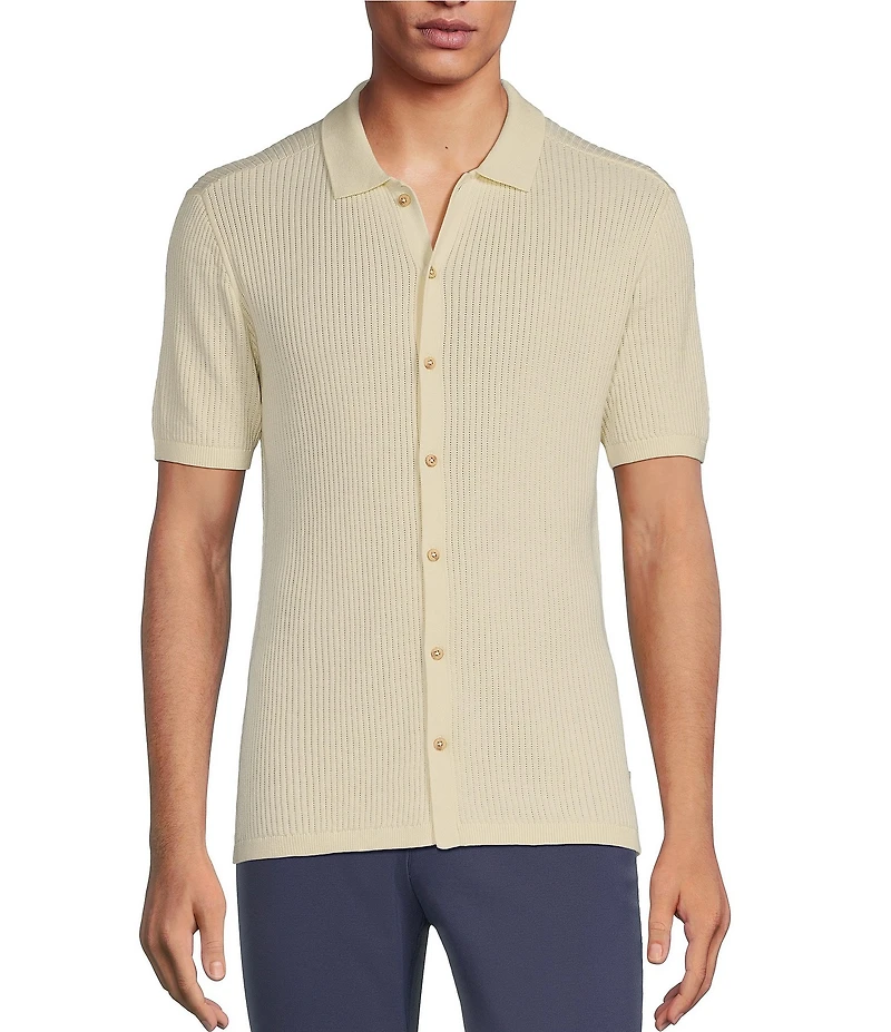 Rowm Tourister Short Sleeve Chunky Twill Sweater Button Front Shirt