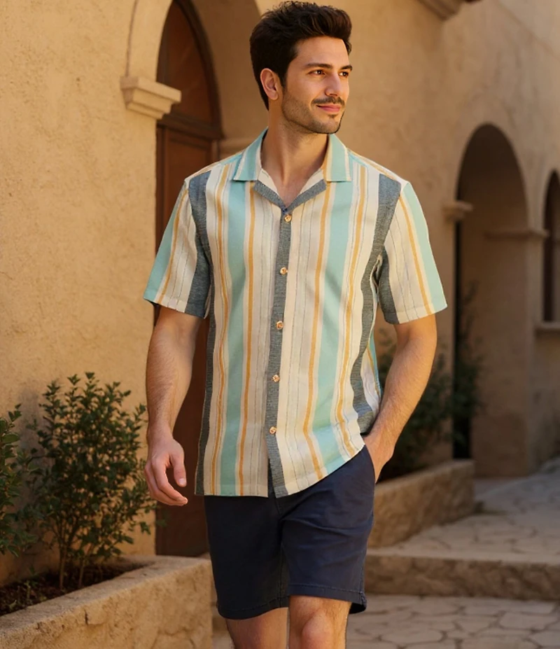 Rowm Tourister Short Sleeve Multi Stripe Camp Button Front Shirt