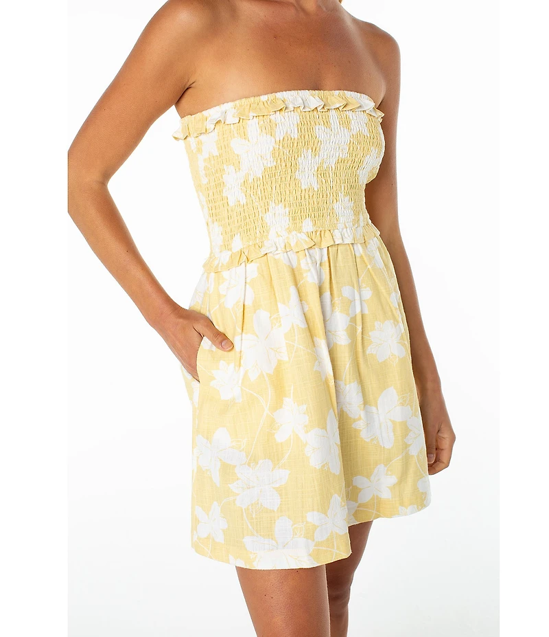 Roxy Avalon Floral Printed Strapless Linen Blend Dress