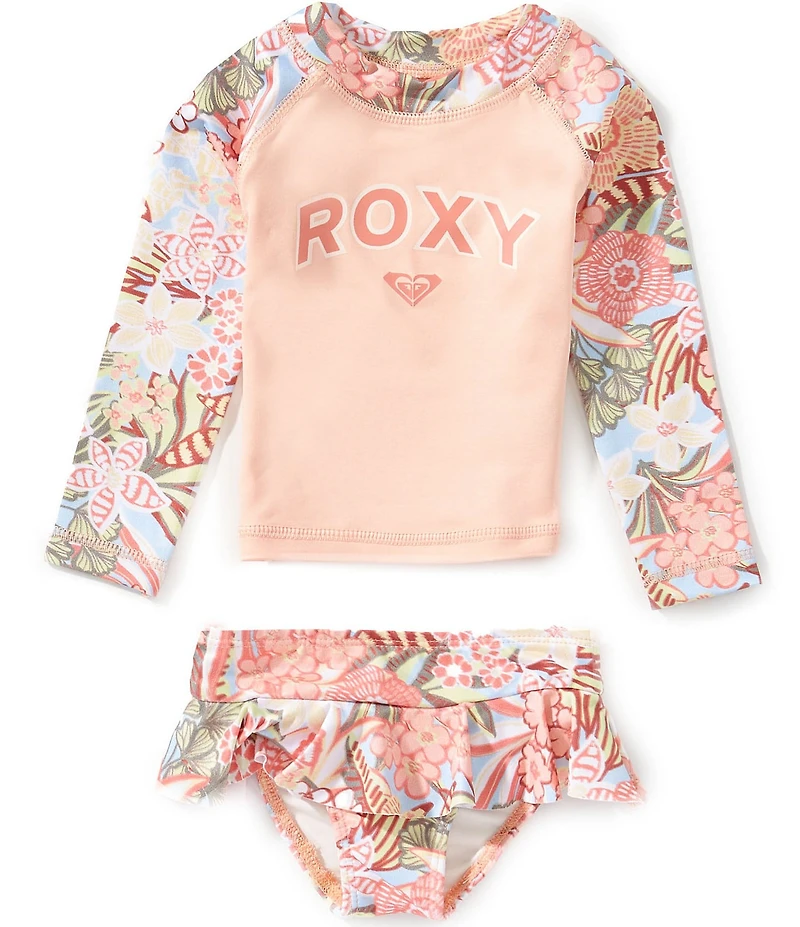 Roxy Baby Girls Raglan-Sleeve Floral Printed Rashguard T-Shirt & Matching Hipster Bottom 2-Piece Swimsuit