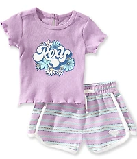 Roxy Baby Girls Short-Sleeve Ribbed Knit Logo Lettuce Edge Tee & Striped Shorts Set